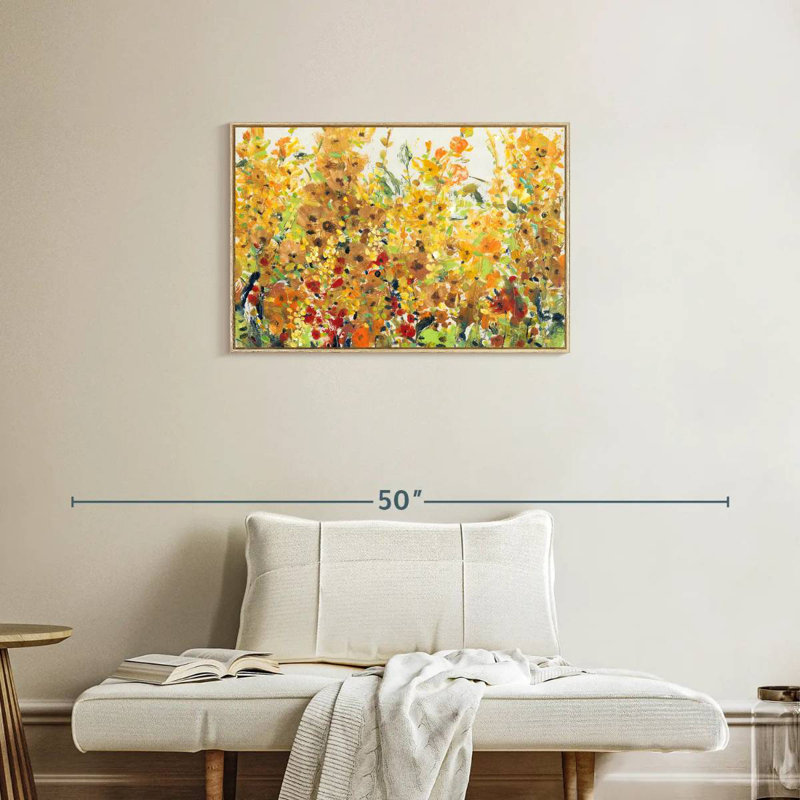 Golden Summer Garden I, 31 po x 21 po, Cadre flottant en bois naturel