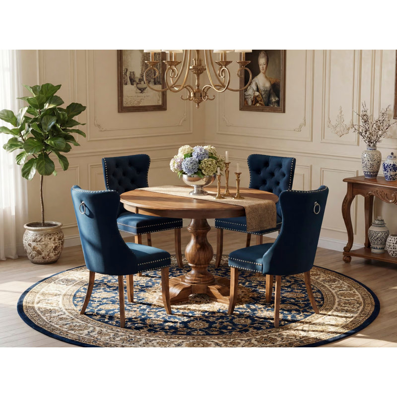 Ensemble de table de salle à manger 5 pièces avec tissu en polyester, 4 chaises bleu marine, dossier capitonné et table ronde de 48 po au fini noyer antique.