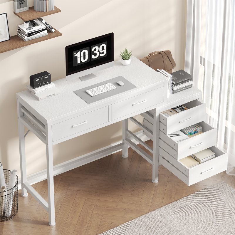 51'' Computer Desk with 5 Drawers and Printer Stand, White