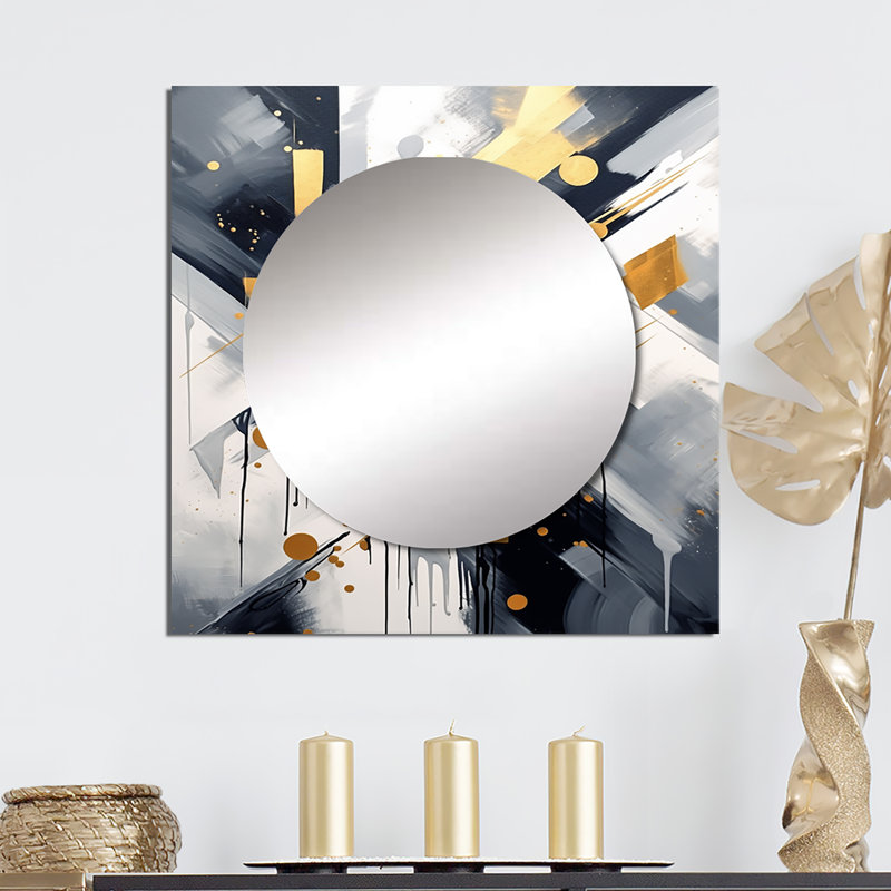 Brava - grand miroir carré de formes abstraites en coin noir et doré VI pour décoration murale, 29 po x 29 po