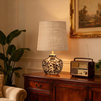 15'' Hand Blown Small Table Lamp, Unique Leopard-Print Glass, Woven Natural Linen Shade, Kitchen Counter Lighting