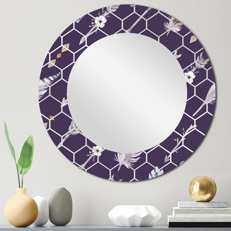 Boho tribal de plumes et de fleurs I - miroir mural bohémien, 24 po x 24 po