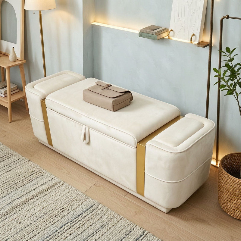 Velvet Upholstered Bench with Flip Top, Beige