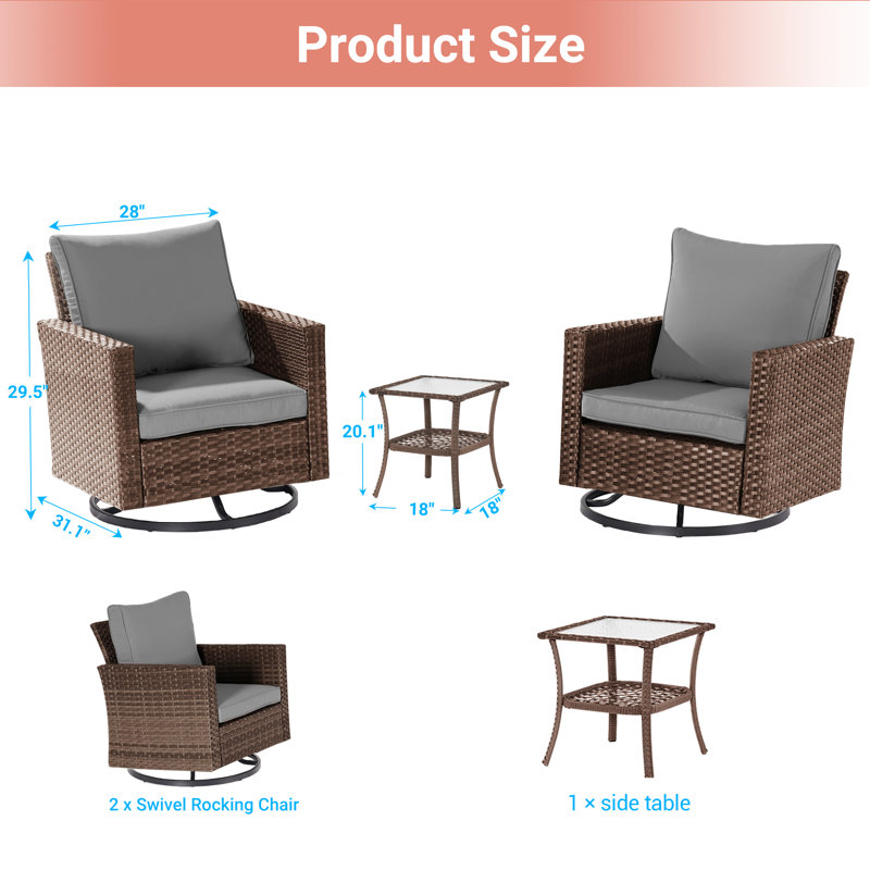 2 Pcs Patio Rattan Ottomans, Outdoor Wicker Ottomans w/Removable Cushion & Steel Frame, Brown, Gray