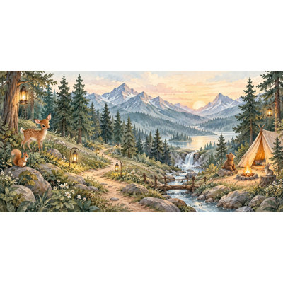 Mountain Camp Wallpaper Mural, Peel and Stick Kids Room Wall Mural, Watercolor Camping Nursery Wallpaper
