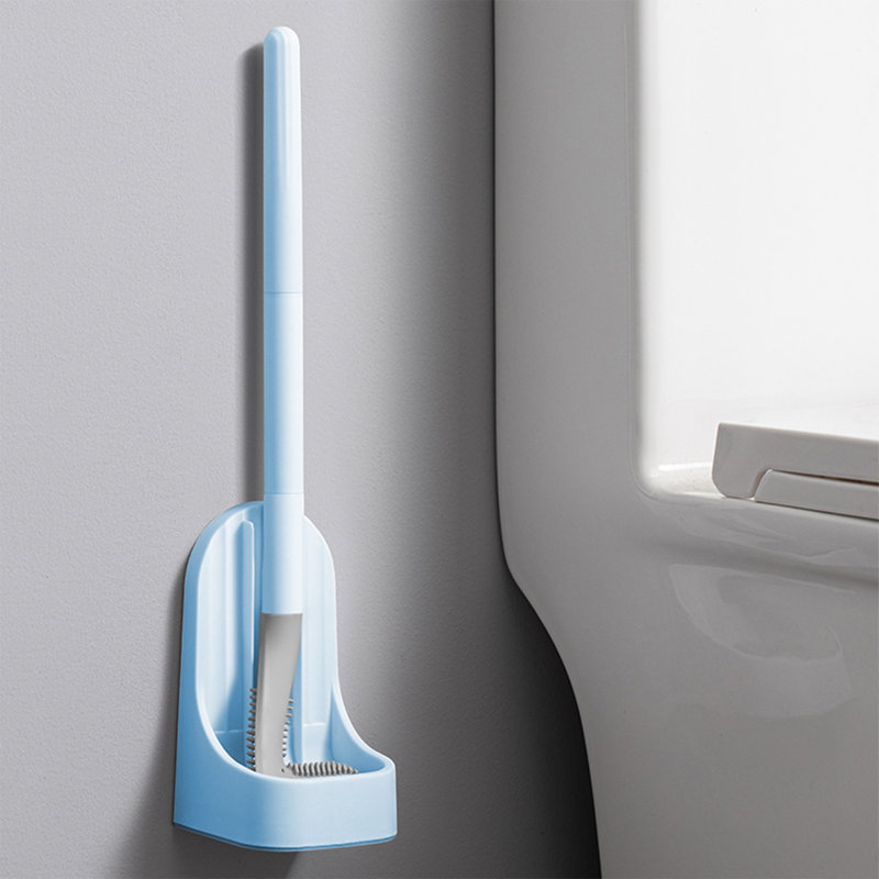 Brosse de toilette à poignée longue détachable avec base en caoutchouc souple sans coins de toilette, Bleu