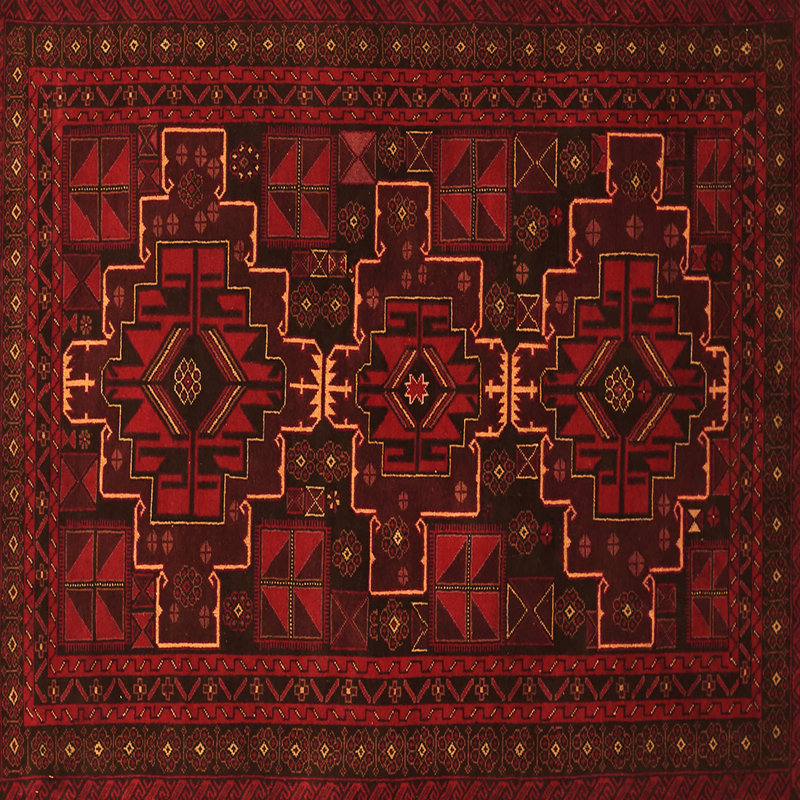 Tapis oriental rouge / brun tissé à la machine 5 pi x 5 pi Gader