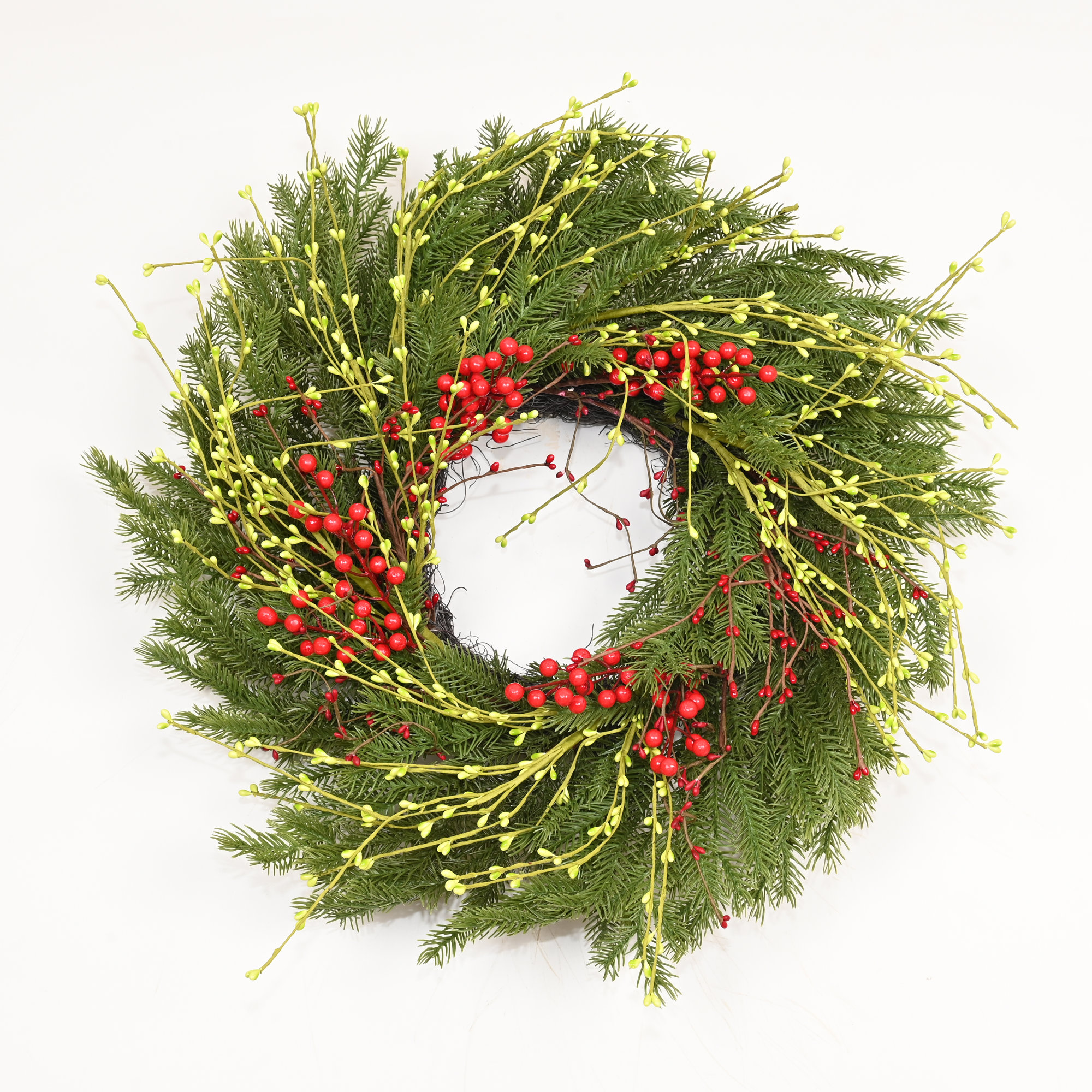 24" Artificial Farmhouse Twig Christmas Greenery Pine Needles Red Berries Winter Front Door Wreath, Green/Red/Yellow