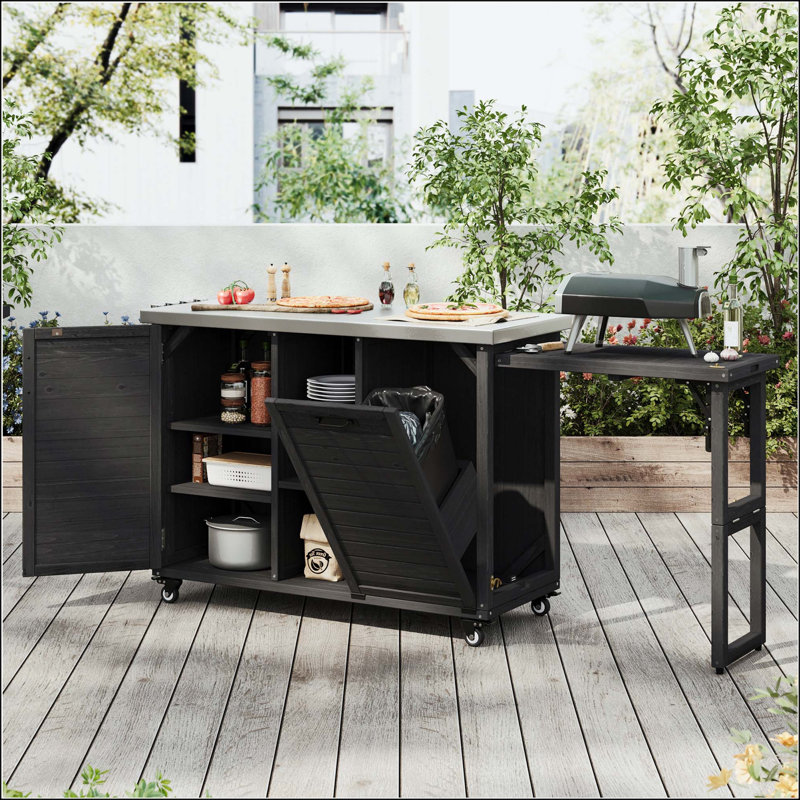 Îlot de cuisine 78,3 po avec table de barbecue pliable et plateau en acier inoxydable, Black