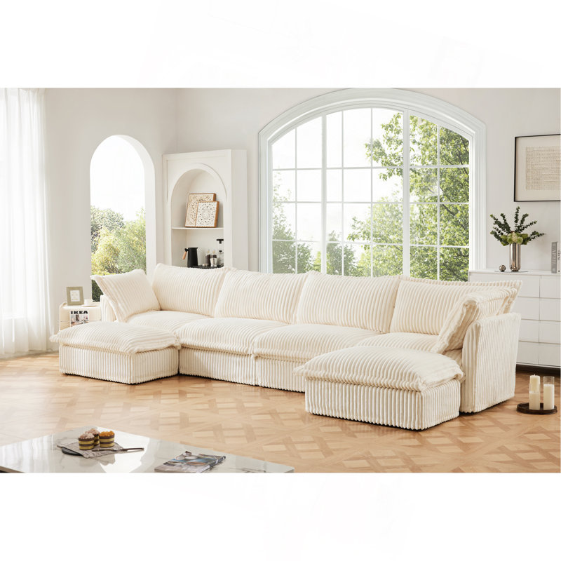 Canapé, repose-pieds en chenille, 3, H 34,6 po x l 120 po x P 33 po, Chenille crème