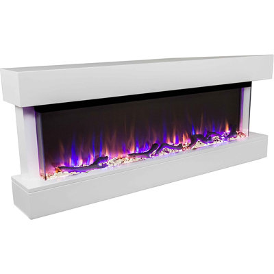 Chesmont Smart Electric Fireplace With White Floating Mantle – Alexa/Wifi Enabled, Multi-Color Flames, Heater With Crystals & Driftwood