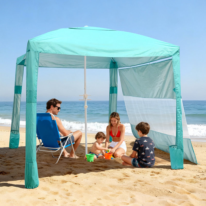 Beach Cabana, 8 x 8 ft Beach Canopy with Side Wall, UPF 50+ Protection Easy Setup Cabana Tent with Sand Pockets, Adjustable Height Portable Shade Sun Shelter Umbrella for Family & Friends, Green