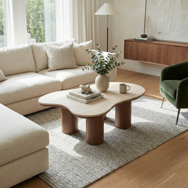 48" Modern Cloud Coffee Table, Faux Travertine Top with Walnut Veneer Legs, 15" Height