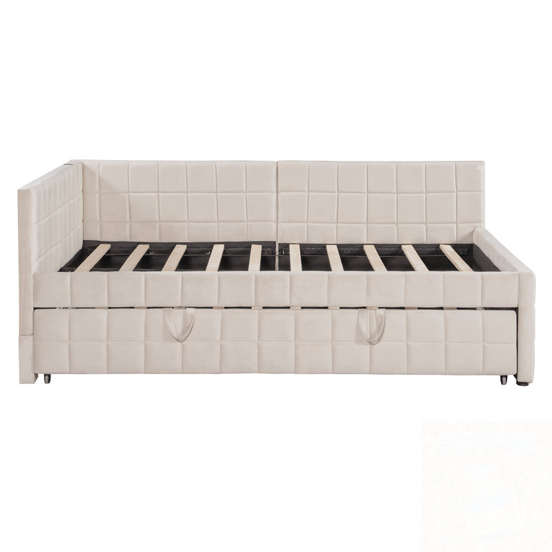 Lit de jour en L pleine grandeur avec lit gigogne escamotable, ports USB et support de dossier, beige
