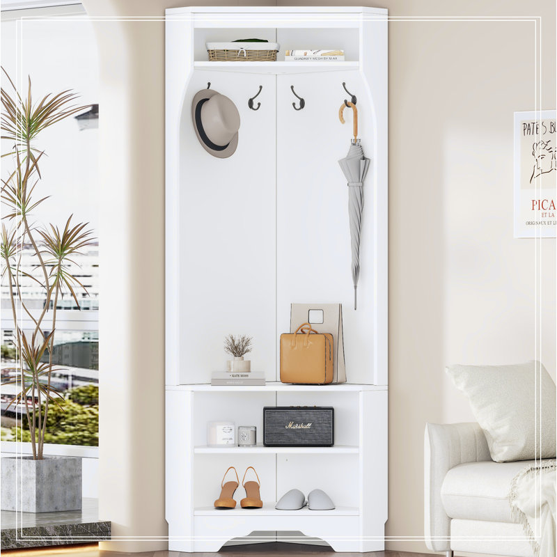 Minimalist Corner Hall Tree with Shoe Bench, Versatile Entryway Coat Rack with 4 Hooks, Corner Cabinet with Adjustable Shelf for Hallway, Living Room, 29.5''W*71.6''H