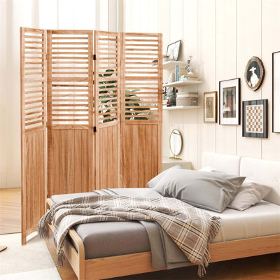 Paravent pliable en bois massif à 4 panneaux (140 cm L x 165 cm H), fini naturel, facile à plier, idéal pour préserver l'intimité et décorer.