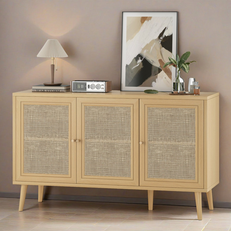 Buffet de rangement 47,2 "à 3 portes avec portes en rotin, Naturel