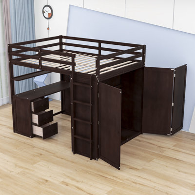 Keisler Full Size Wood Loft Bed with 3 Drawers, Desk and Wardrobe