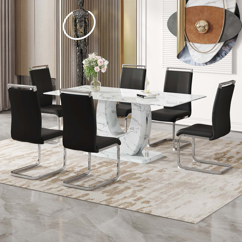 Ensemble de table et de chaises Motif marbré simple moderne, Blanc, 7, Noir / argenté