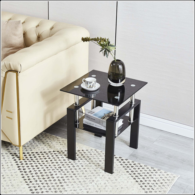 Table de canapé 2 pièces en verre noir avec pieds en métal, Plateau noir / base noire