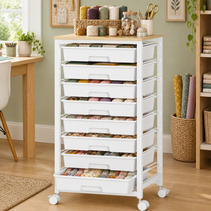 Organisateur blanc à 8 tiroirs avec plateau de table en bois, conçu pour un assemblage et un rangement faciles dans les salles de classe et les bureaux