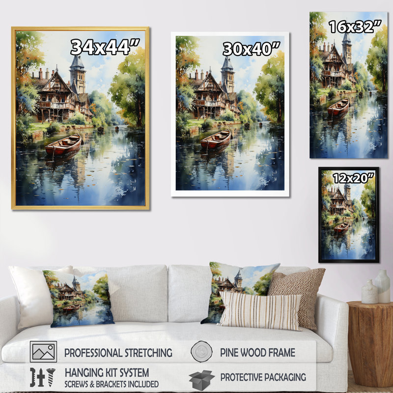«England Peaceful Canalengland Landscape I - Cityscapes Wall Decor», Cadre photo noir, H 44 po x l 34 po x P 1,5 po