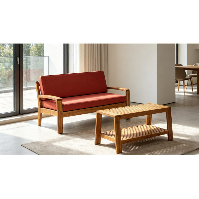 Ensemble de conversation d'extérieur en bois d'acacia 2 pièces - Causeuse de patio et table basse avec coussins résistants à l'eau
