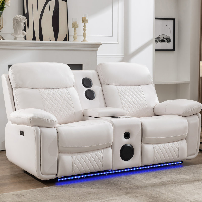 Heaney 76.7" Wide Faux Leather Power Loveseat with Speaker and LED, White Faux Leather