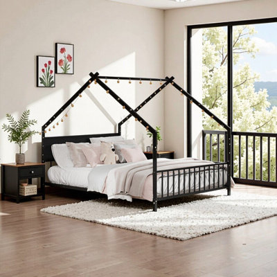 Lit de style maison pleine grandeur avec lumières DEL et toit - Lit pour enfants sécuritaire et amusant pour garçons et filles (noir)
