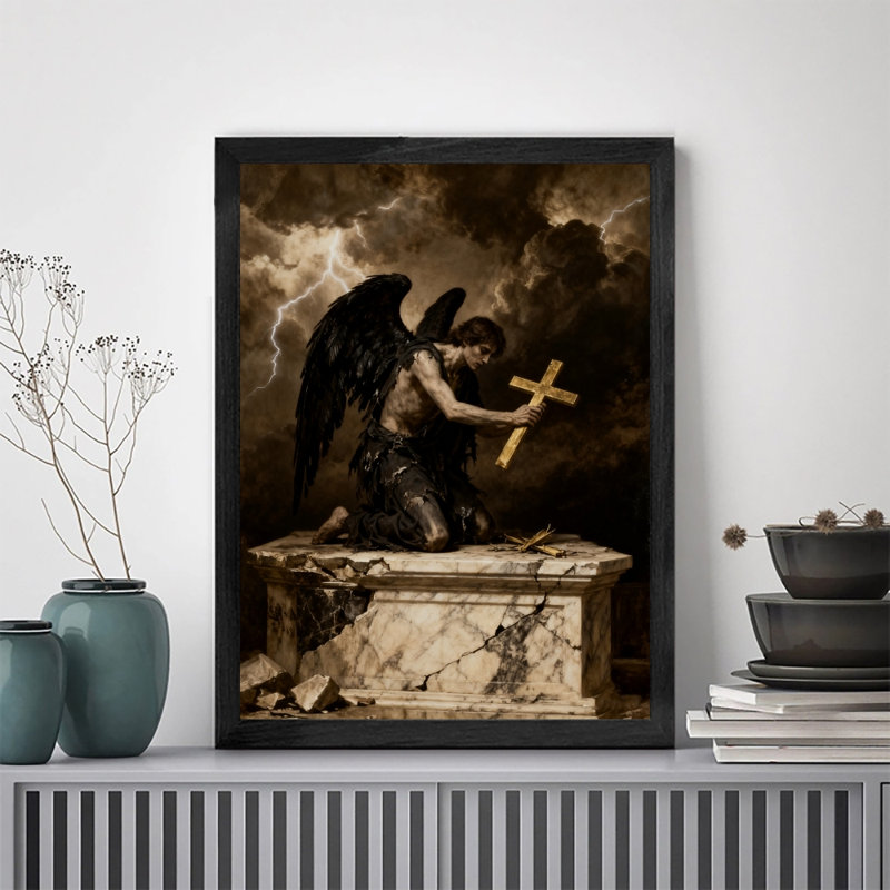 Reproduction d'art encadrée noire, ange ailé noir, H 11 po x l 9 po