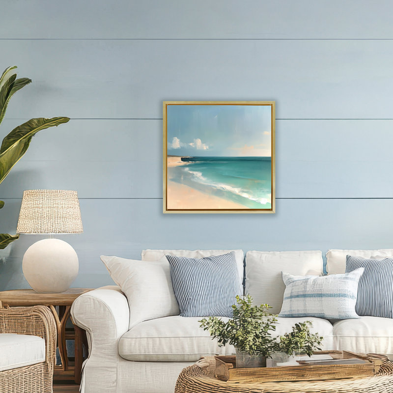 Expressive Turquoise Horizon Floating Frame, design by Annabelle Hall, 25" H x 25" W, Metallic Gold Floater Frame