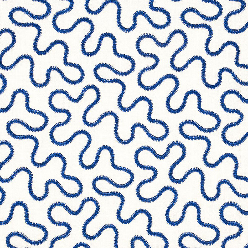 Schumacher x Celerie Kemble Meander Embroidery Fabric, Blue on Ivory