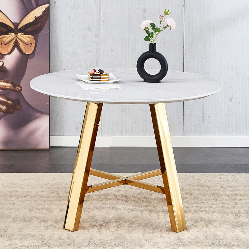 Modern Minimalist White - Patterned Circular Table: 42 - Inch MDF Desktop, Stainless Steel Legs, Dual - Use As Dining & Coffee Table, Ideal For Home And Office Spaces, Blending Style And Functionality