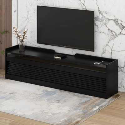 Modern Fluted TV Stand With LED Light And USB Charging Station, Wood Media Console With 4 Drawers, Tempered Glass