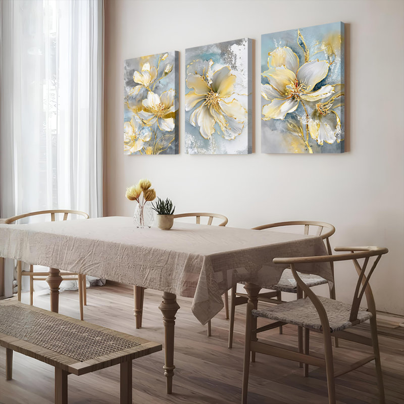 Tableau abstrait floral sur toile tendue (ensemble de 3), H 18 po x l 36 po