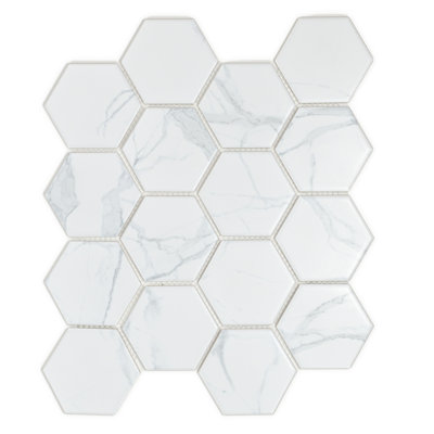 Carreau de mosaïque en porcelaine à aspect hexagonal 3 po x 3 po Statuario