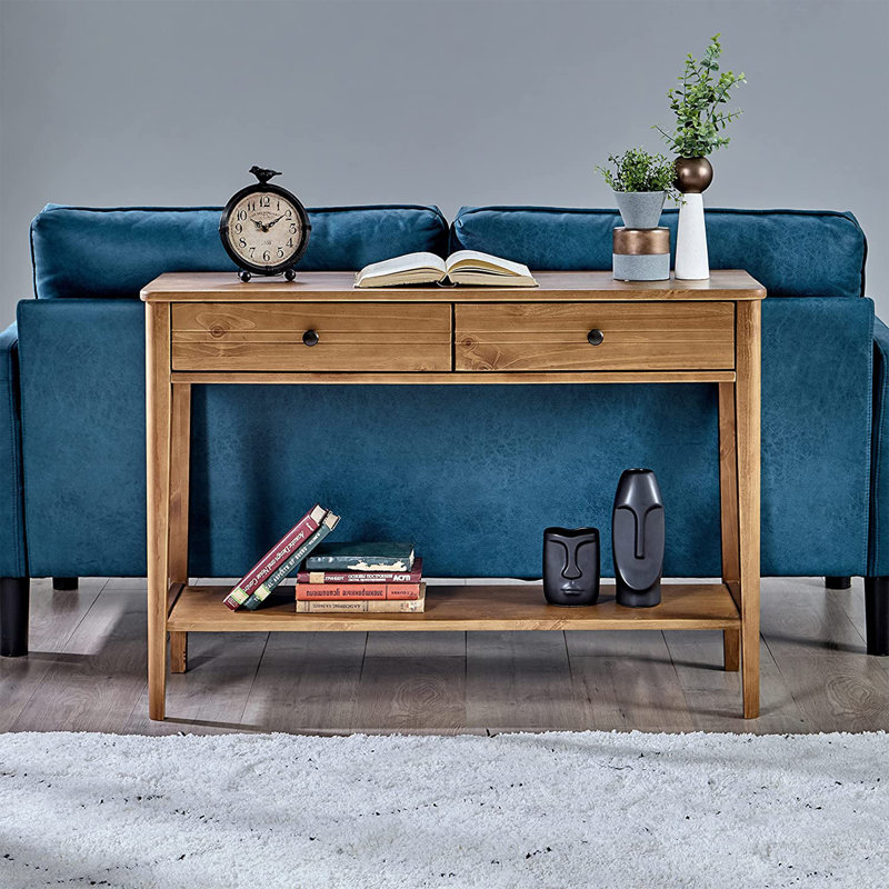Honey Brown Mid Century Pine Wood Console Table with Storage
