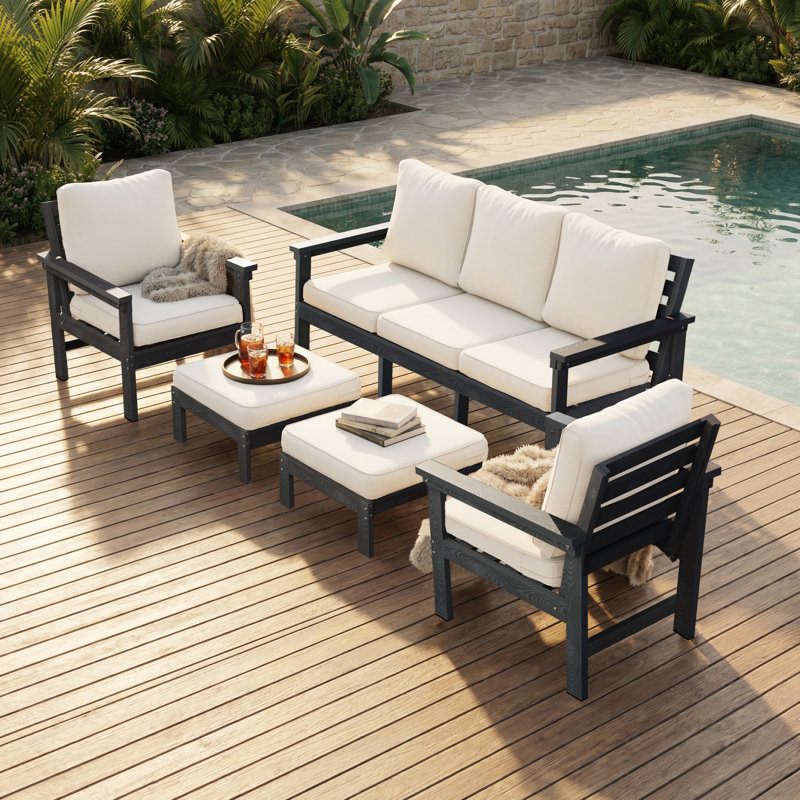 5-Piece HIPS Patio Furniture Set with Detachable Cushions, Ergonomic Design Outdoor Sectional Sofa Couch with Ottoman, Easy Assembly Patio Furniture Set for Patio, Yard, Garden