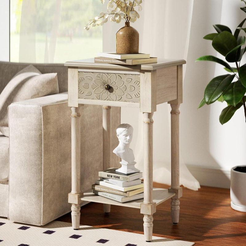 Tier End Table With Open Shelf, MDF Bedside Table With Pattern Carved Drawer, Accent Table Rustic Wood Night Stand For Bedroom, Living Room, Light Grey