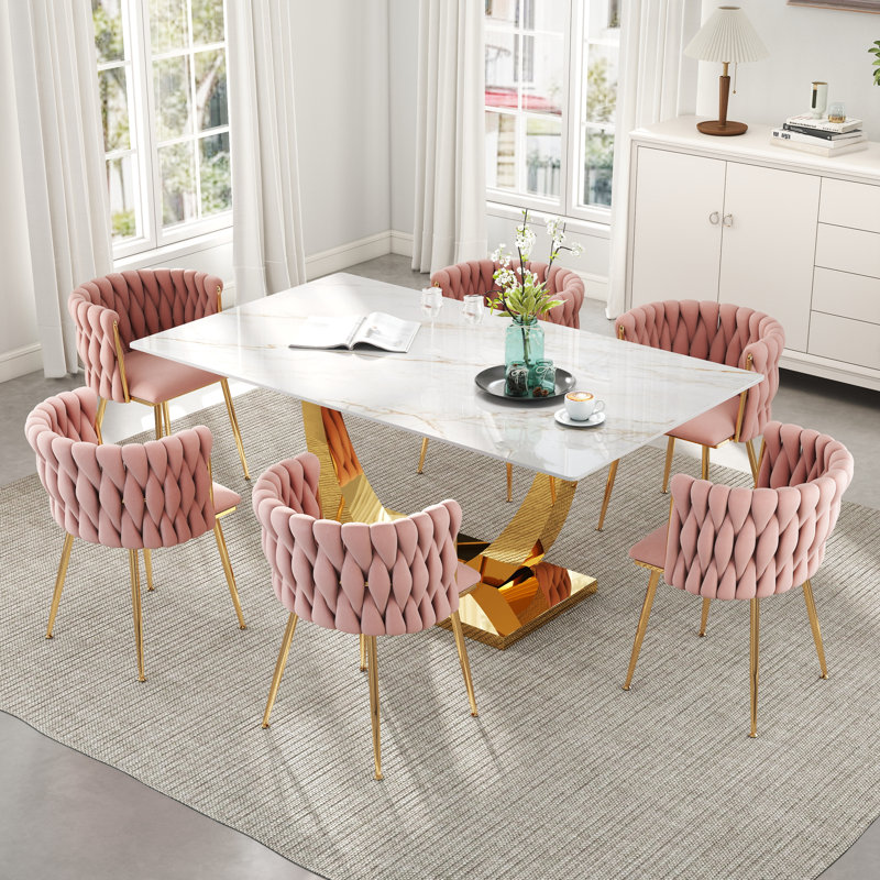 Rectangle Pedestal Dining Set with Woven Dining Chair, 29.5"H x 63"L x 35.4"W, Pink