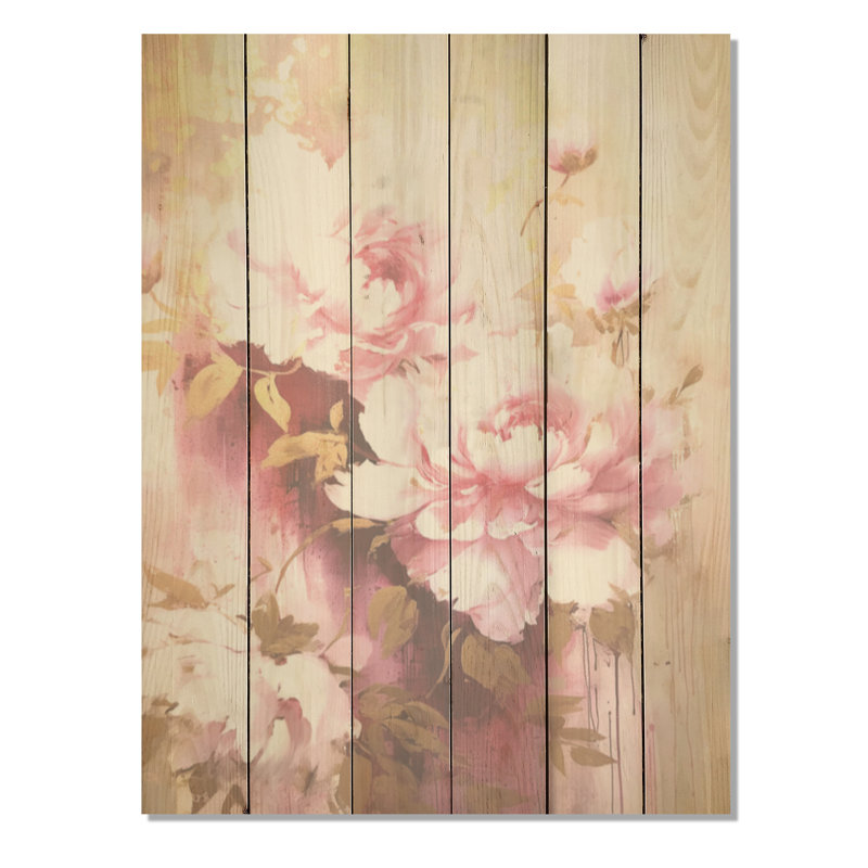 Pivoines roses et dorées dans un éclat - pivoines, art sur bois de pin naturel, H 32 po x l 24 po
