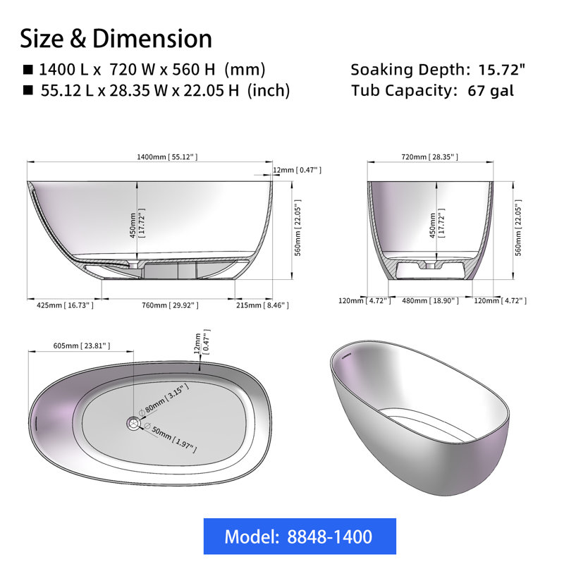 55" Freestanding Solid Surface Resin Stone Bathtub, Contemporary Design Stand Alone Tub With Pop-up Drain And Overflow, Cupc Certified, Matte White