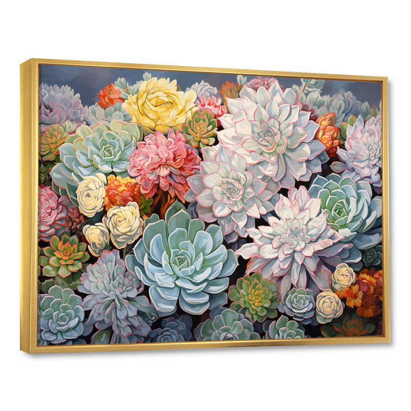 Breloque succulente bleue, Cadre flottant doré, H 16 po x l 32 po x P 1 po