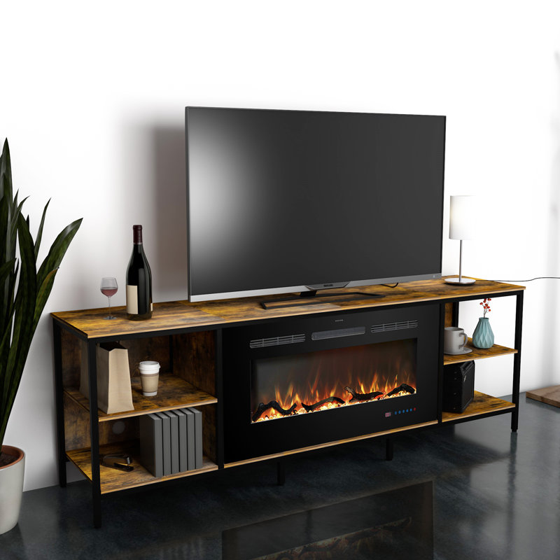 Moorehouse Unfinished TV Stand for TVs up to 80 with Fireplace Included, Rustic Brown
