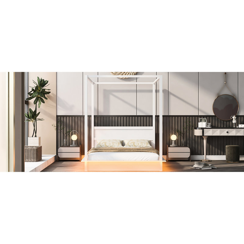 Lit plateforme à baldaquin à DEL blanc pour les chambres à coucher, look moderne, lit sans assemblage, lattes de soutien, installation facile
