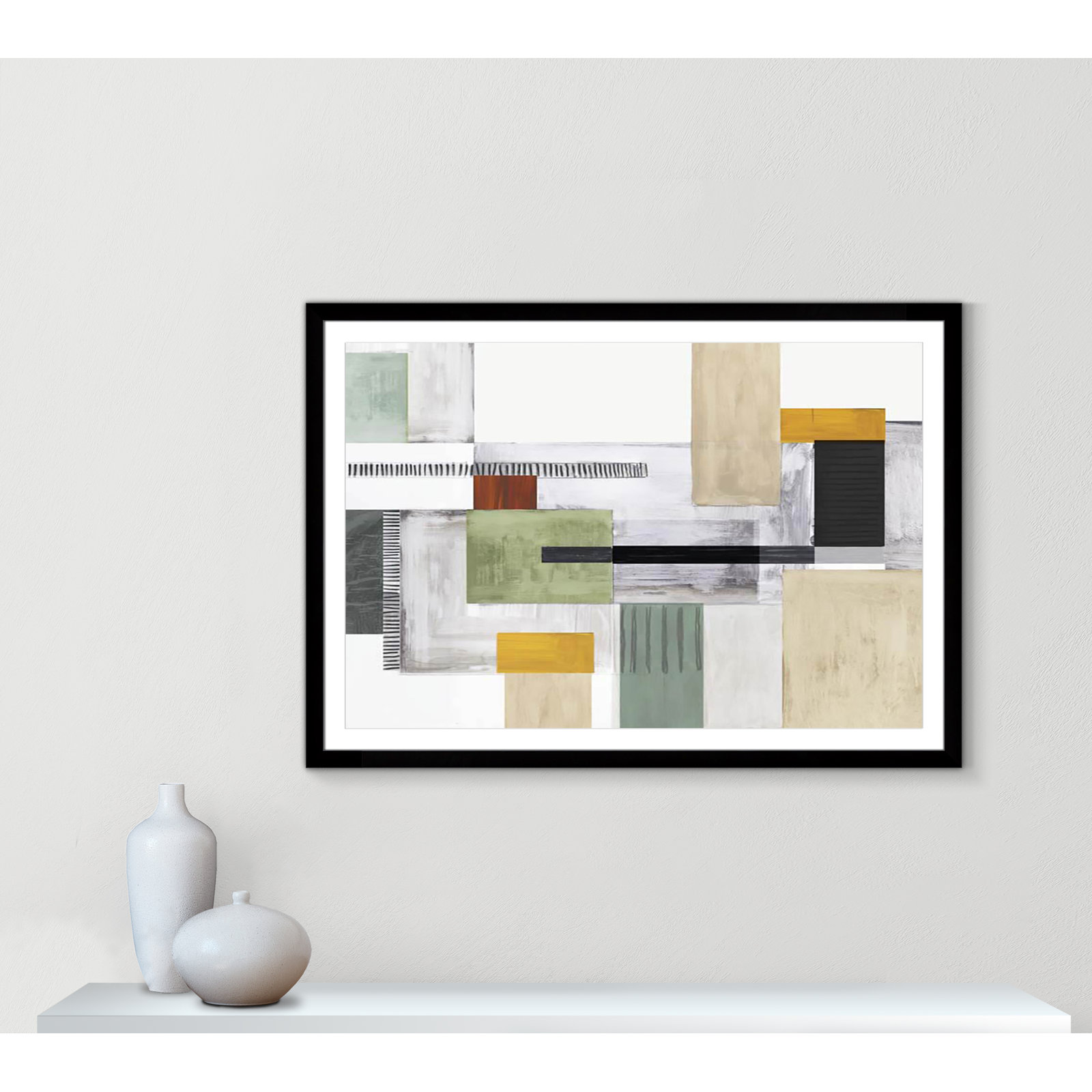 Playful Blocks by Tom Reeves, White, Black Cube Picture Framed, 39" H x 55" W x 1.25" D