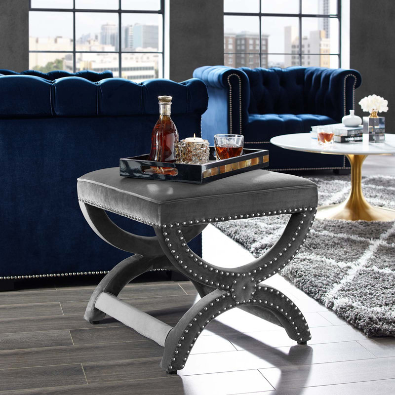 Gray Velvet Upholstered X-Base Ottoman with Nailhead Trim