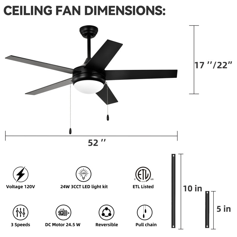 Noir mat 52 po Ventilateur de plafond d'intérieur à 5 pales avec chaîne intégrée, Noir mat, Noir