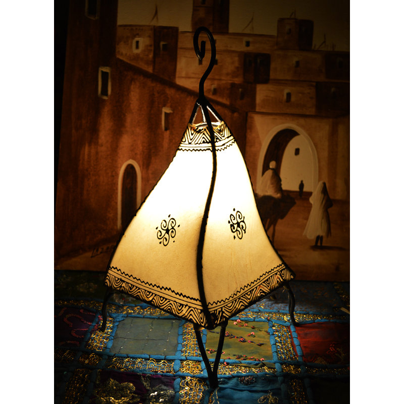 Handmade Moroccan Leather Table Lamp with Henna Design Beige Arias