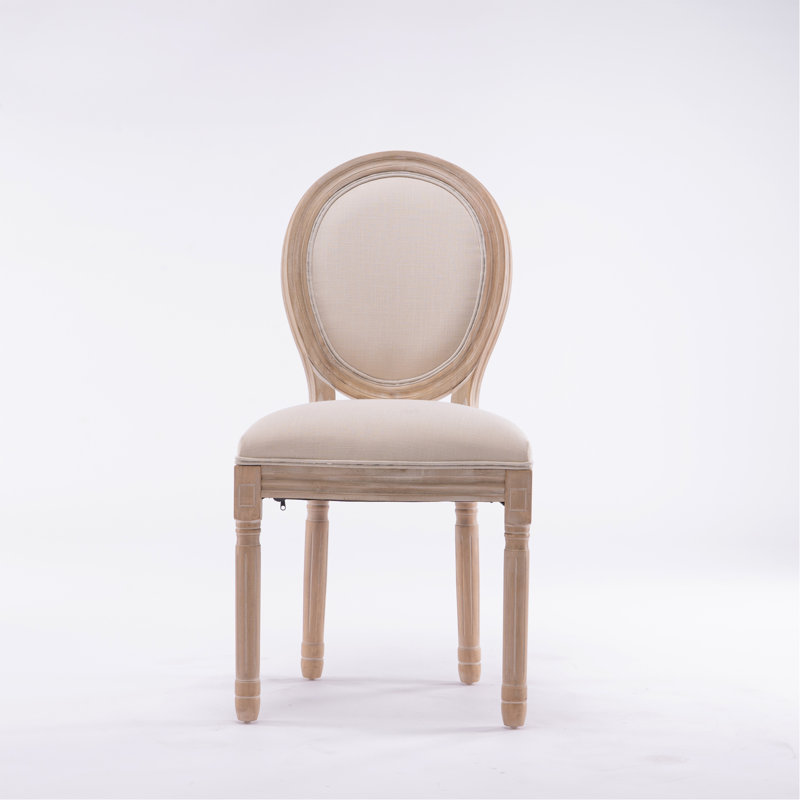 Chaise de salle à manger avec cadre ovale en bois massif de style français et dossier ovale en lin, ensemble de 2, beige